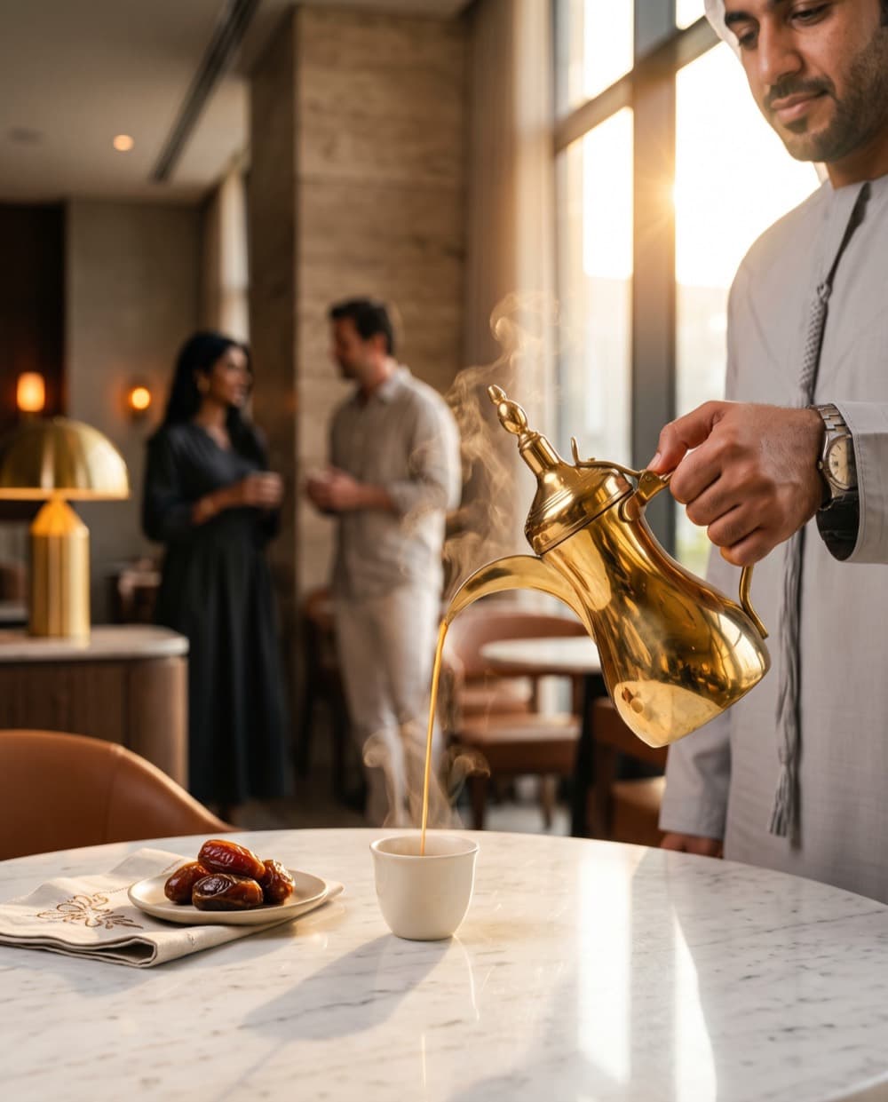 Arabic coffee being poured from a brass dallah into a small cup, with dates on the side